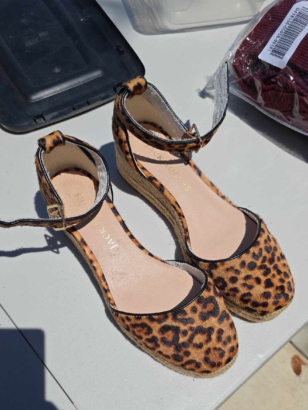 Jack Rogers Leopard Print Ankle Strap Wedges - Tan